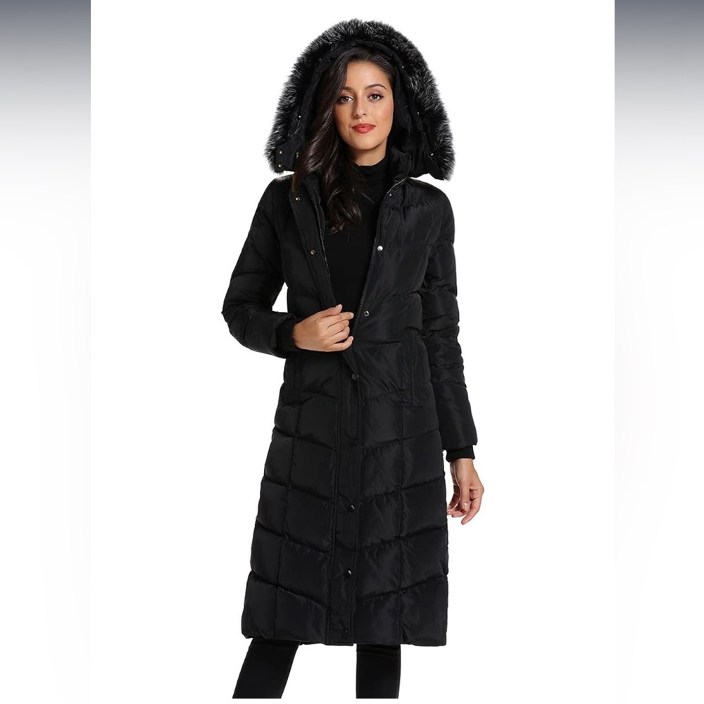 Nwot Molodo Women's Long Down Coat with Fur Hood Maxi Down Parka Puffer Jacket